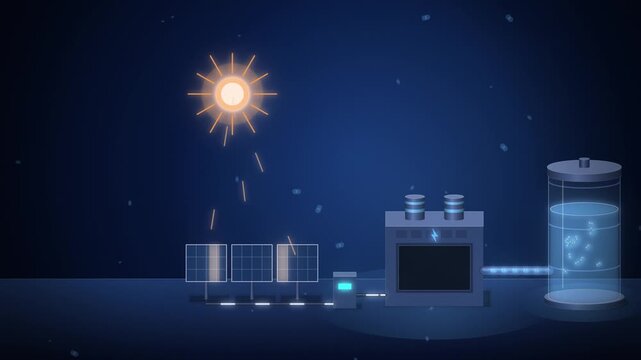 Sun rays on solar panels feeding glass hydrogen tank on dark blue