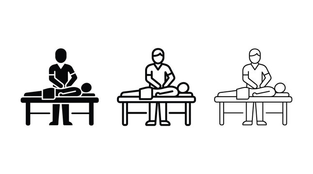 Massage therapy icon set featuring solid and outline vector illustrations of a therapist