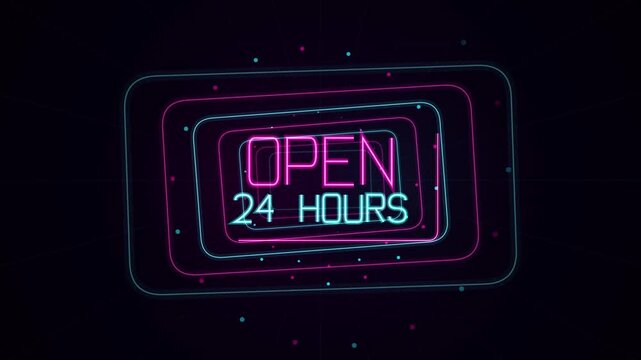 Glowing Neon Open 24 Hours Sign Animation with Retro Pink and Cyan Rounded Frames on Dark Background