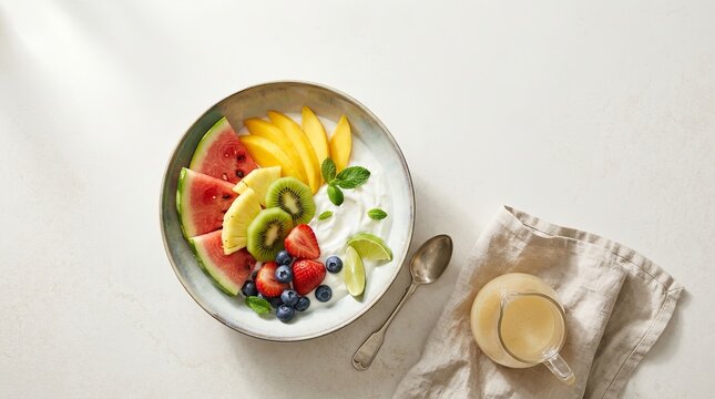 Healthy yogurt bowl with fresh sliced tropical fruits and berries