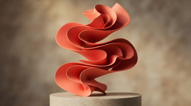 Abstract Coral Ribbon Sculpture on Pedestal