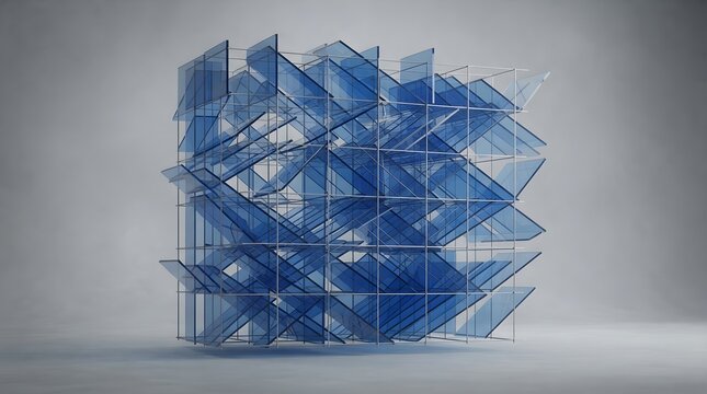 Geometric Blue Glass Panels in Metal Frame Abstract Structure