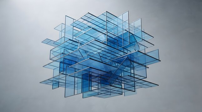Abstract Blue Glass Panels Form Geometric Structure Against Gray Background