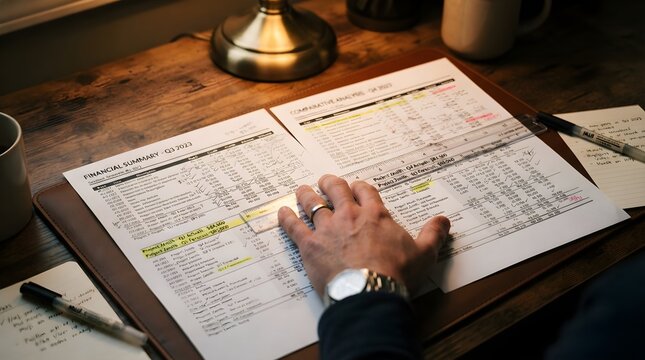 Hand Reviews Financial Summary Documents at Desk with Ruler