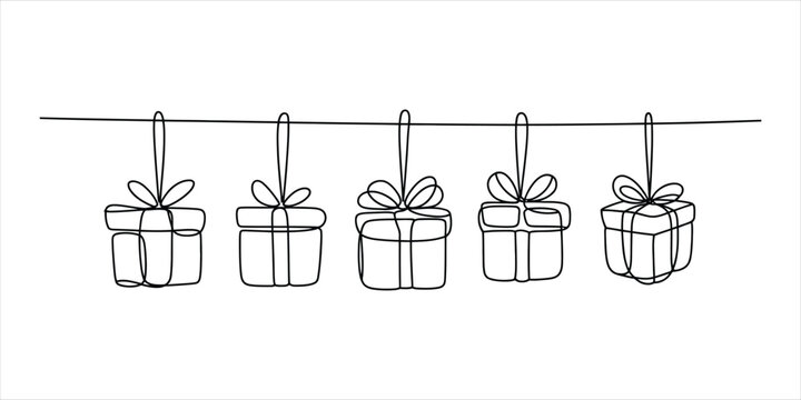 Five gift boxes hanging on a string drawn in a continuous single black line art style for celebration
