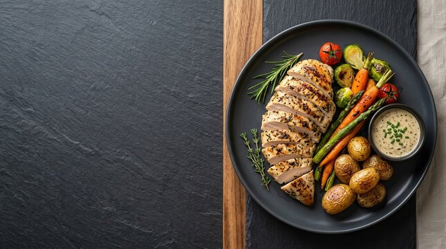 Grilled chicken breast with roasted carrots and potatoes on a dark plate