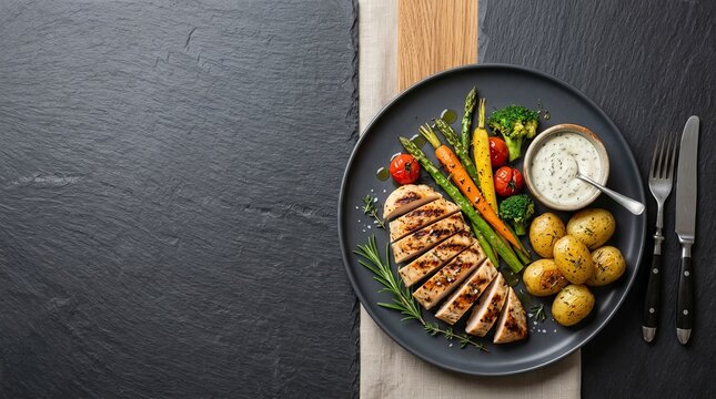 Grilled chicken breast fillet served with roasted carrots and potatoes