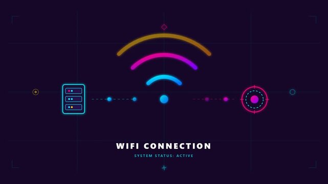 Neon wireless connection graphic featuring data transmission and server icons against a dark digital background