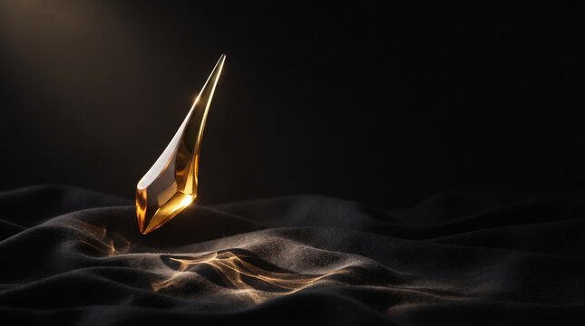 A glowing golden geometric crystal floats mysteriously above a dark, undulating surface with shimmering light particles.