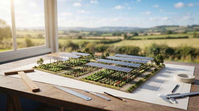 A comprehensive miniature model illustrating an agrivoltaic system integrating solar energy and crop cultivation.