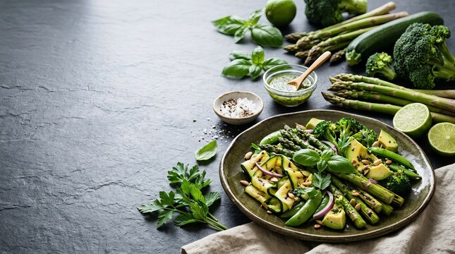 Grilled vegetable platter with asparagus broccoli and zucchini on a ceramic