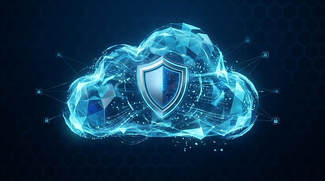 Digital cloud computing security concept with a glowing shield icon representing data protection and cyber safety technology