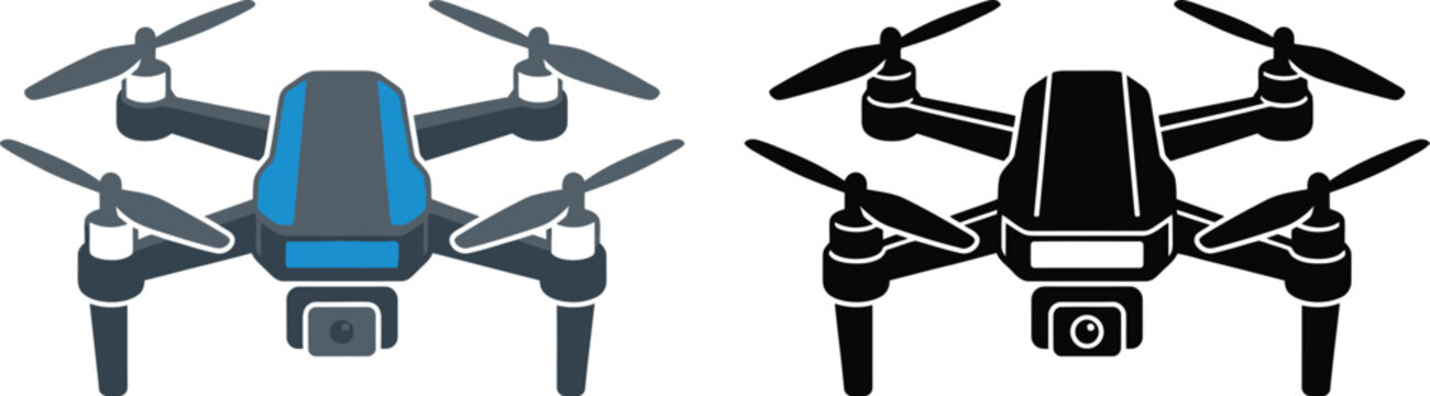 Drone quadcopter with camera vector icon black and color version set for aerial photography delivery.