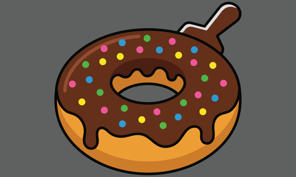 Chocolate glazed donut vector illustration with colorful sprinkles and bite mark
