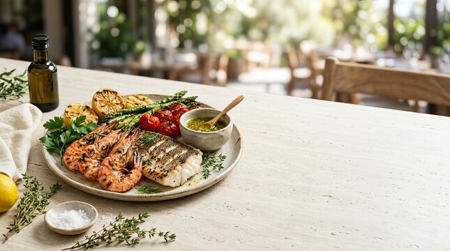 Grilled fish fillet and shrimp platter with vegetables and sauce on light stone