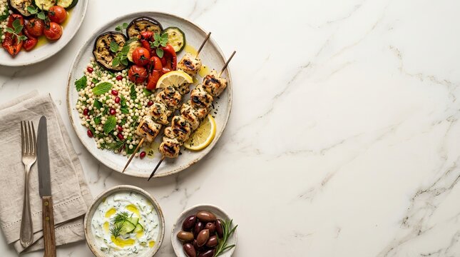 Chicken skewers with rice salad and grilled vegetables on marble surface