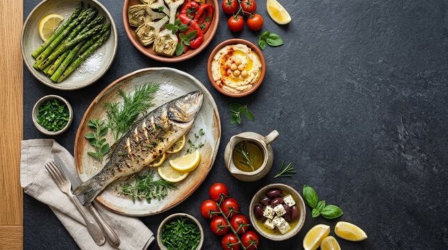 Whole grilled fish with asparagus and various meze dishes on dark stone surface