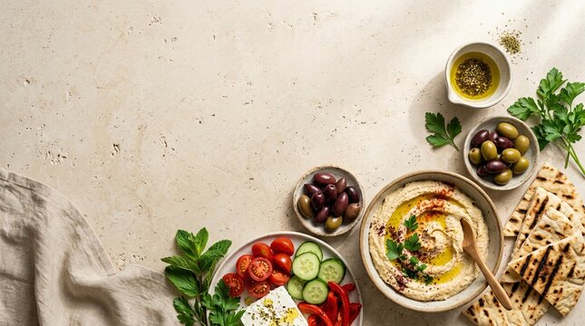 Traditional hummus dip with flatbread olives and salad on light stone table