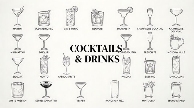 Cocktails and drinks hand drawn vector illustration set featuring popular alcoholic beverages and bar menu guide