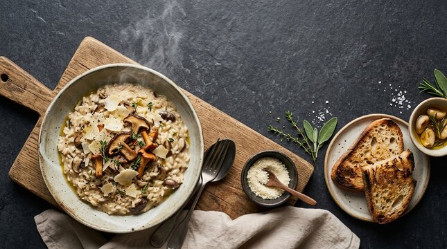 Creamy mushroom risotto with parmesan cheese and toasted bread on wooden board