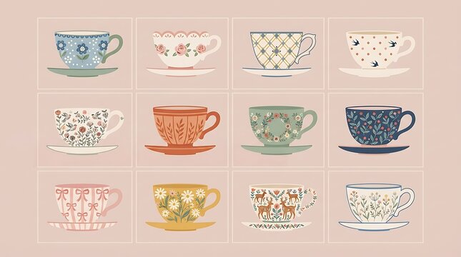 Teacups collection set vector illustration of vintage ceramic cups with floral patterns and saucers