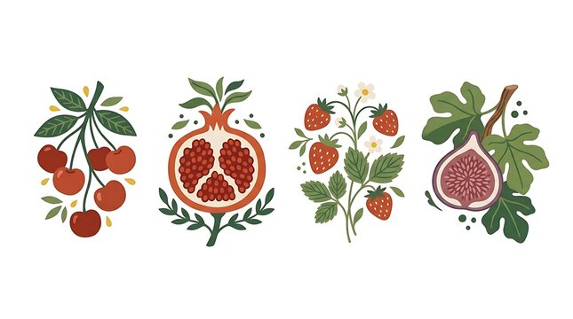 Fresh fruits vector set featuring cherries pomegranate strawberries and figs with green leaves in flat style