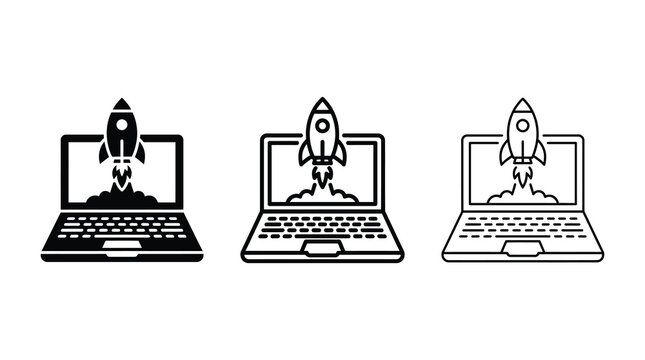 Laptop rocket launch icon set in outline and solid style vector illustration