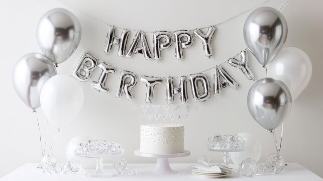 Elegant silver metallic birthday banner with balloons and cake for