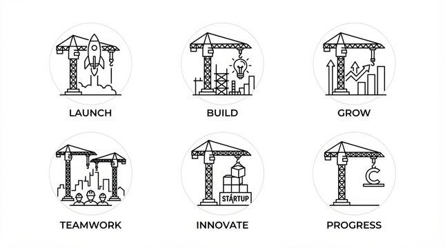 Illustrated business growth and teamwork development process stages.