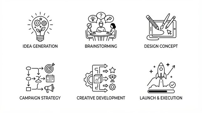 Illustrated icons representing key stages of creative project management workflow.