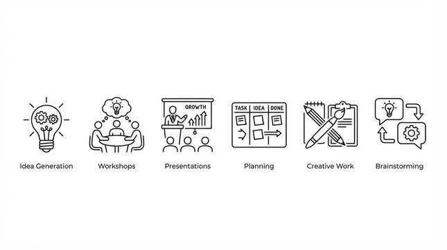 Illustrative icons representing key stages of creative project workflow.