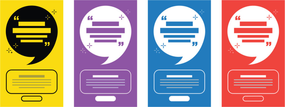 Colorful feedback layout banner template set with speech bubble quote frames in yellow purple blue and red for customer testimonial web review