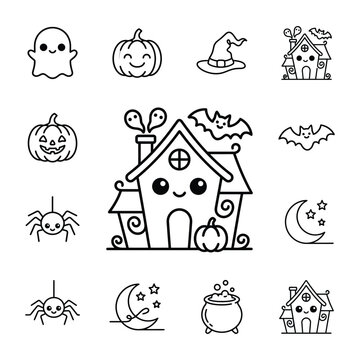 Cute Halloween Icons Set: Ghost, Pumpkin, Witch Hat, Haunted House, Bat, Spider, Moon