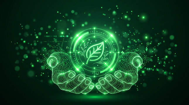 Digital wireframe hands holding a glowing green leaf icon representing sustainable technology and environmental protection concept