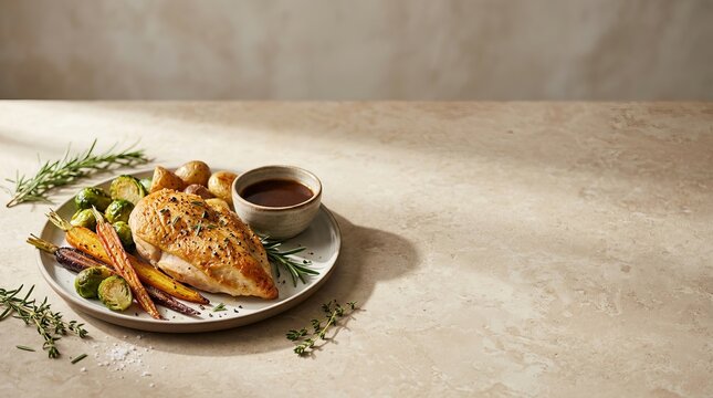 Roasted chicken breast served with root vegetables on a white plate