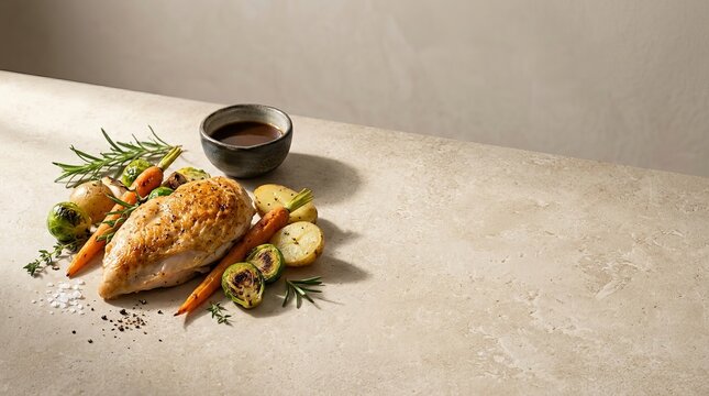 Seasoned roasted chicken breast with glazed carrots and savory gravy