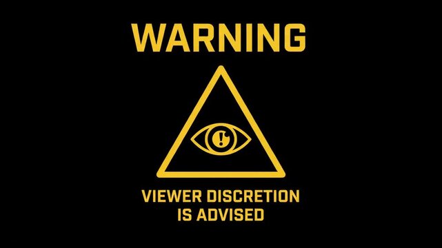 Viewer discretion is advised warning animation with glowing yellow eye in triangle sign on black background