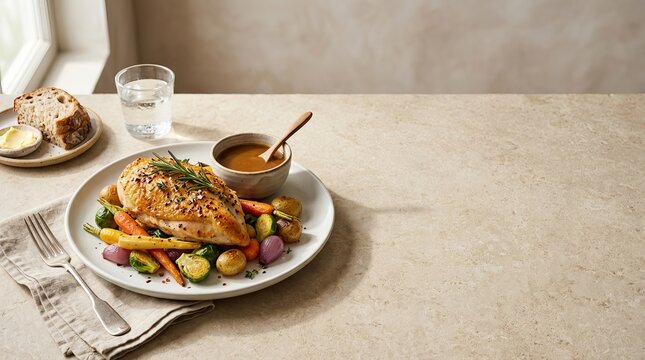 Roasted chicken breast meal with vegetables and fresh bread on the side