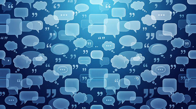 Abstract background with speech bubbles and quotation marks on a blue gradient backdrop