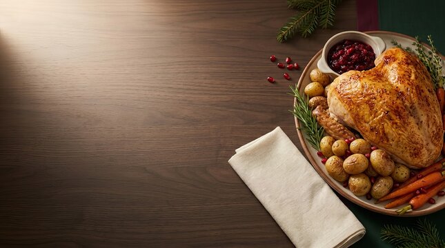 Roasted turkey breast with potatoes and vegetables served on a platter