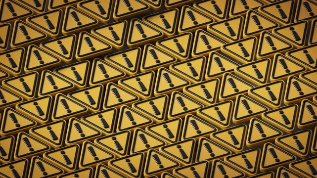Numerous yellow warning signs with exclamation marks arranged across the frame. Concept of multiple risks, hazards, problems, caution, danger, and alerts. 3D Render Seamless Loop Animation