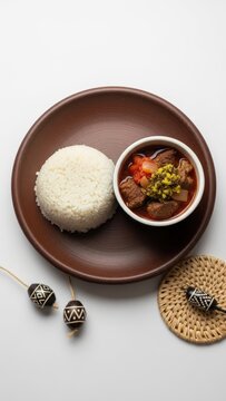 Authentic African nsima and braised beef stew with mustard greens served on rustic unglazed pottery with traditional beads, handwoven reed mat, and large negative space.