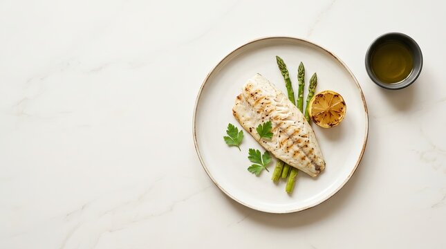 Grilled white fish fillet with asparagus on a white plate main dish white meat