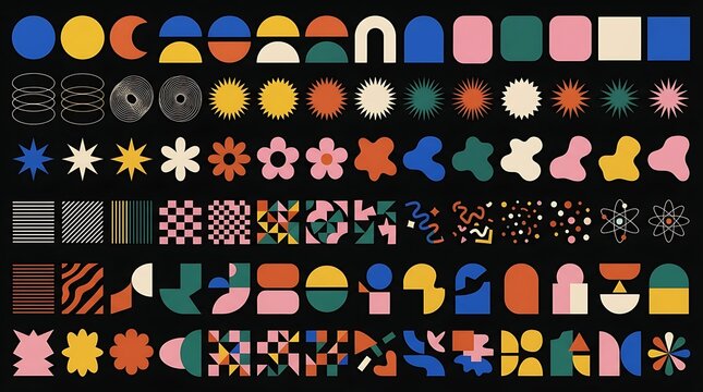 Abstract geometric shapes collection vector set with retro colorful elements and minimalist design graphics