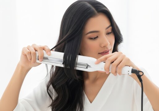 Woman styling hair with straightening iron
