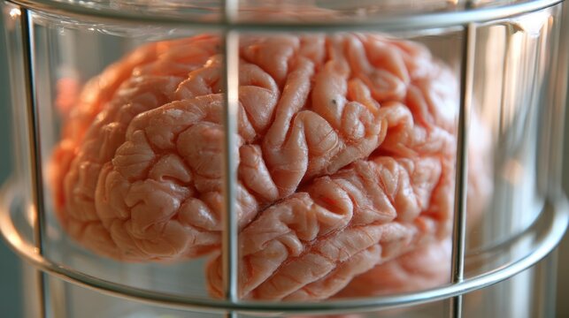 A human brain enclosed in a transparent cage illustrates cognitive restriction, negative thought patterns, psychological barriers, and the struggle for mental freedom.
