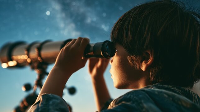 A young child observing stars through a telescope symbolizes astronomy education, creative thinking, scientific discovery, and fascination with the universe.
