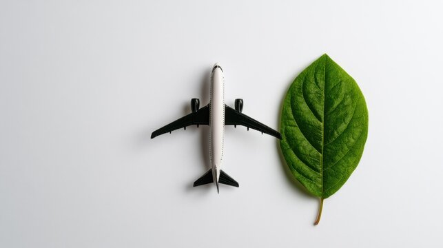 A passenger airplane beside a green leaf symbolizes sustainable aviation, cleaner aircraft technology, reduced carbon emissions, and environmentally responsible air travel.
