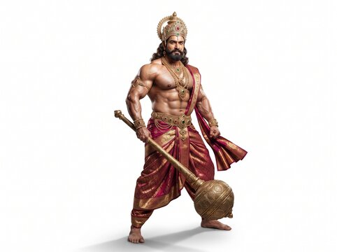 Prince Bhima Mahabharata Character Standing Holding Golden Mace Isolated on White Background