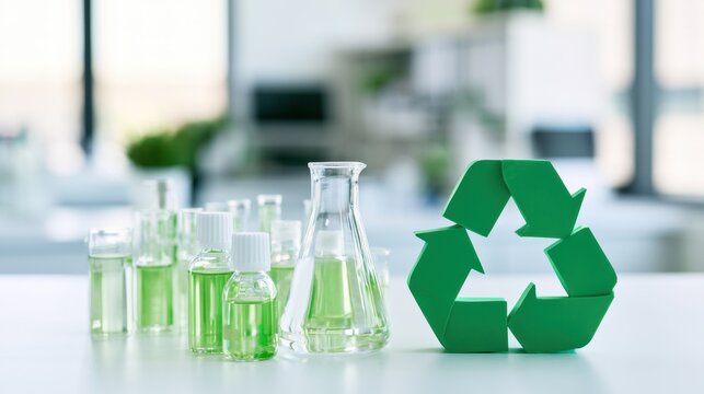 A medical laboratory beside a recycling symbol represents sustainable healthcare operations, responsible waste management, resource recovery, and greener clinical practices.
